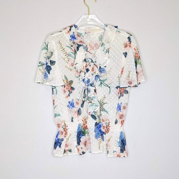 Ted Baker White Floral Print Blouse Flutter Sleeve Semi Sheer Lace Up Neck - Picture 1 of 9